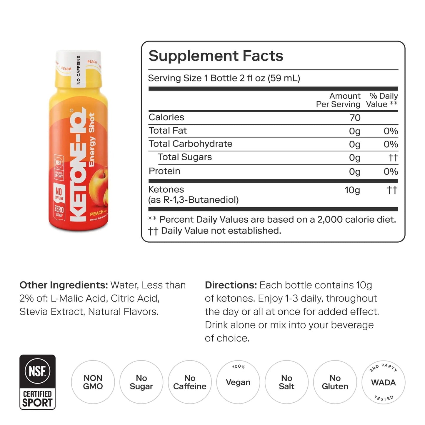 Ketone-IQ No Caffeine Performance Energy Shots – Ketone Fuel for Focus & Endurance, Metabolism Support, 10g Ketones, 24 Pack (Peach)